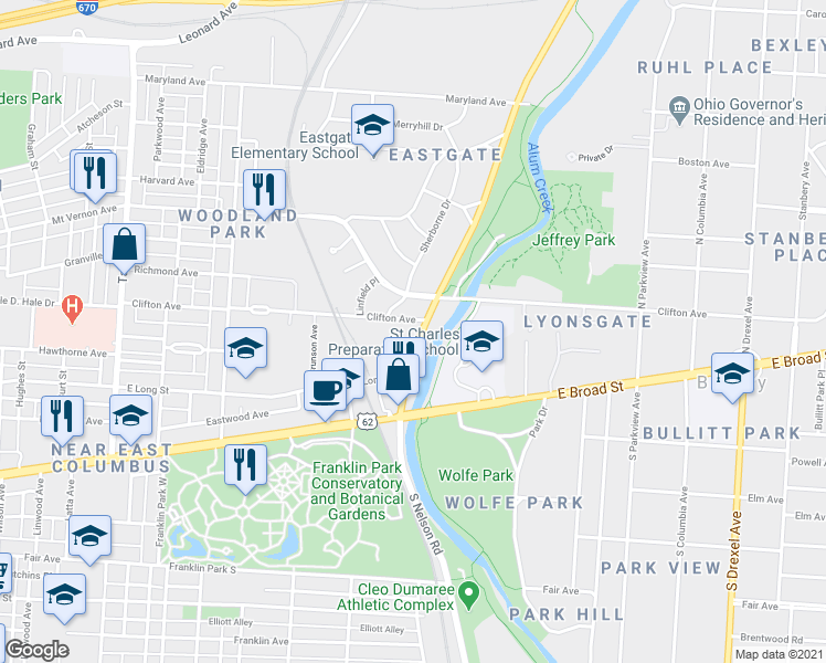 map of restaurants, bars, coffee shops, grocery stores, and more near 109 North Nelson Road in Columbus