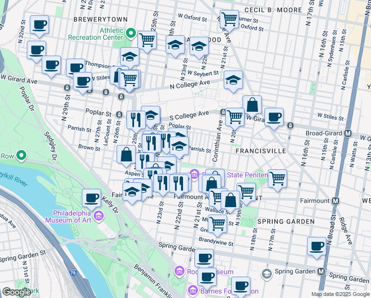 map of restaurants, bars, coffee shops, grocery stores, and more near 839 North 22nd Street in Philadelphia