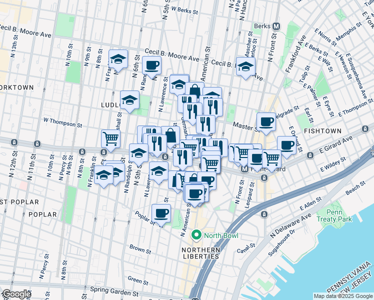 map of restaurants, bars, coffee shops, grocery stores, and more near 1224 Germantown Avenue in Philadelphia