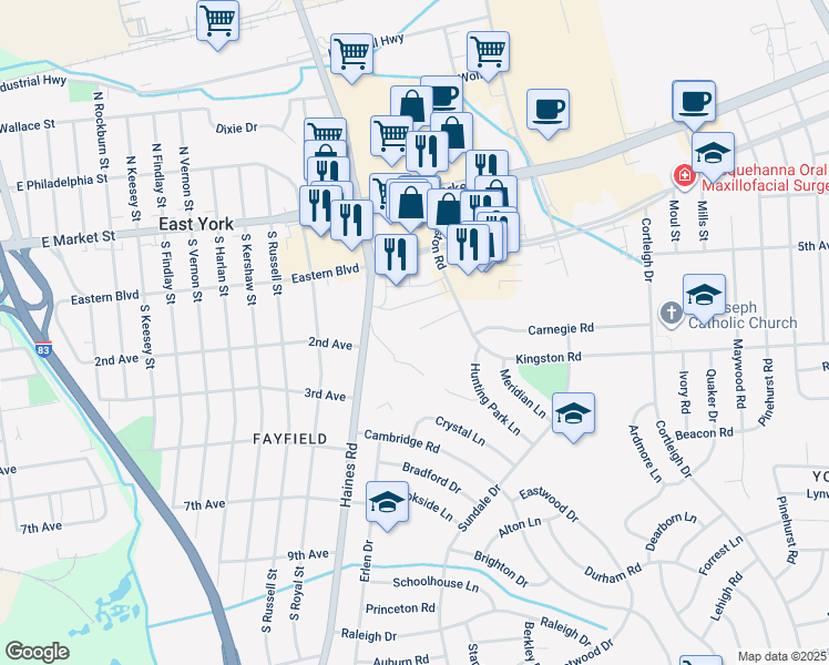 map of restaurants, bars, coffee shops, grocery stores, and more near 2453 Kingston Court in East York