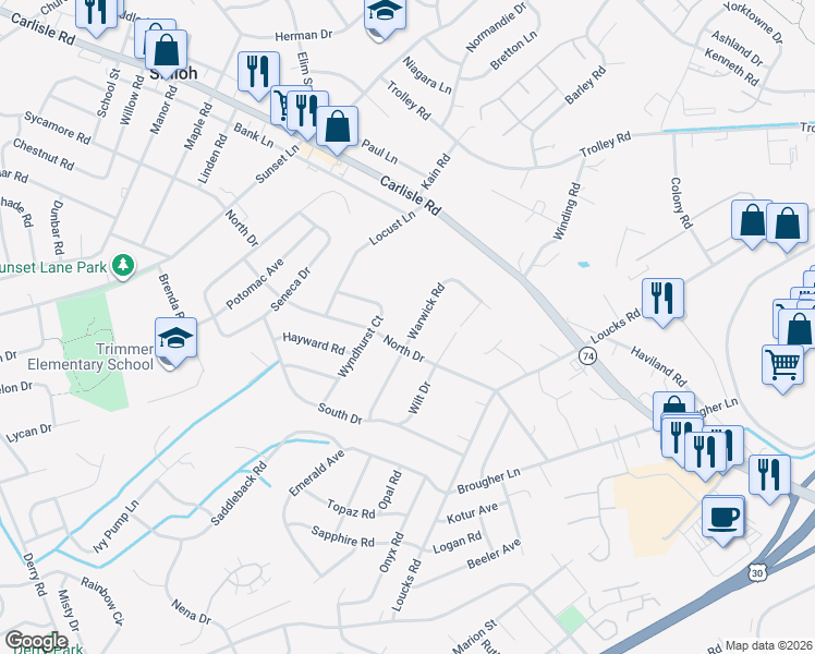 map of restaurants, bars, coffee shops, grocery stores, and more near 2387 Warwick Road in York