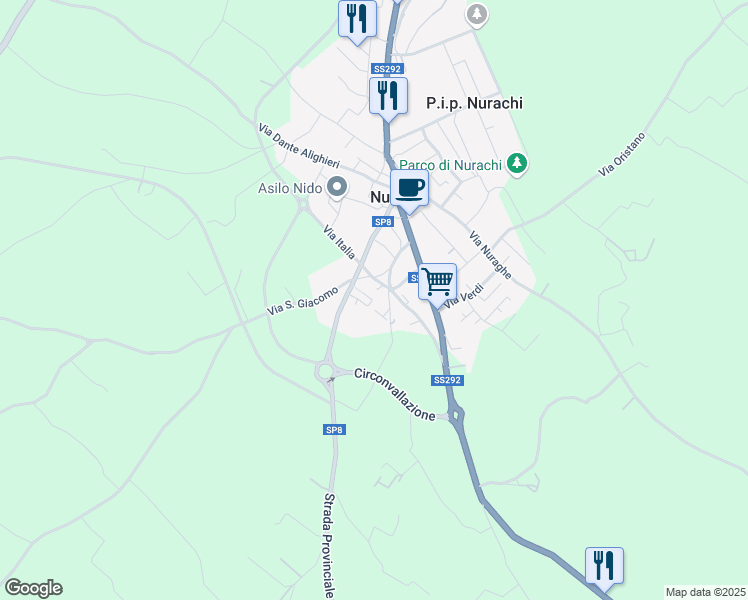 map of restaurants, bars, coffee shops, grocery stores, and more near 16 Via Sant'Agostino in Nurachi