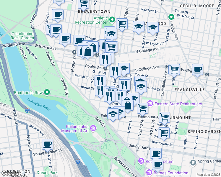 map of restaurants, bars, coffee shops, grocery stores, and more near 811 North Stillman Street in Philadelphia