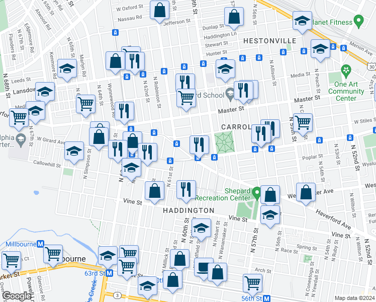 map of restaurants, bars, coffee shops, grocery stores, and more near 6029 Haverford Avenue in Philadelphia
