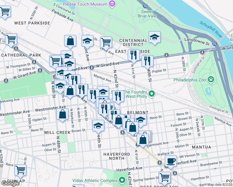 map of restaurants, bars, coffee shops, grocery stores, and more near 918 North 42nd Street in Philadelphia