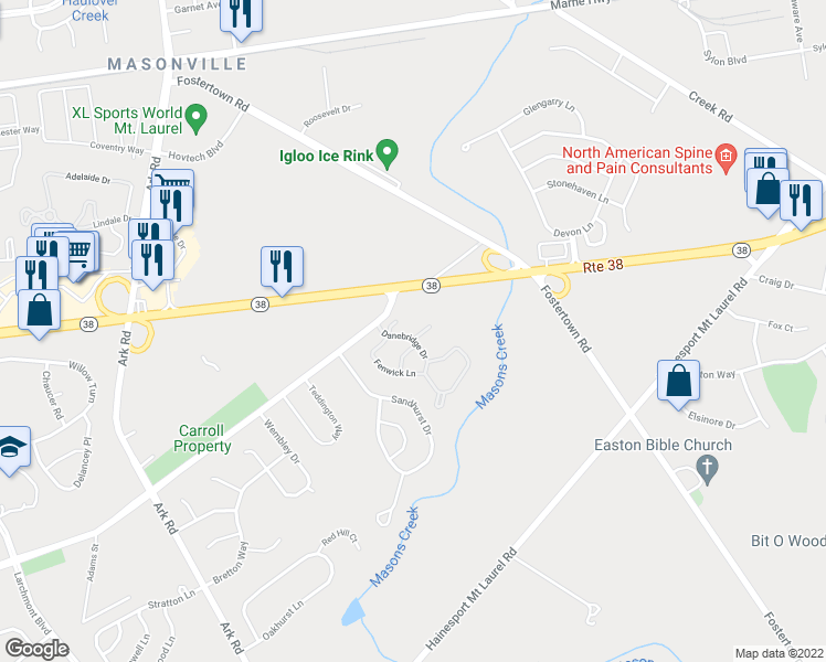 map of restaurants, bars, coffee shops, grocery stores, and more near 302 Trescott Place in Mount Laurel