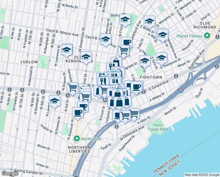 map of restaurants, bars, coffee shops, grocery stores, and more near 1301 North Front Street in Philadelphia