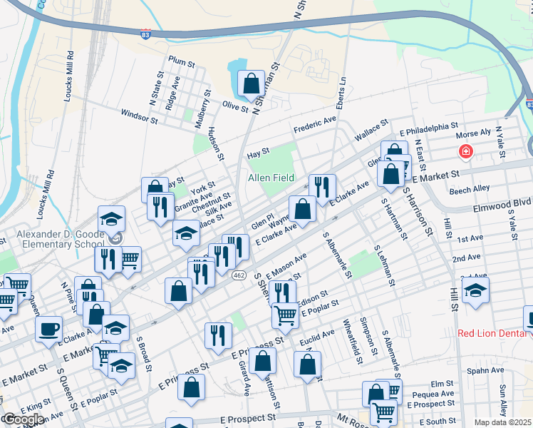 map of restaurants, bars, coffee shops, grocery stores, and more near 848 East Philadelphia Street in York