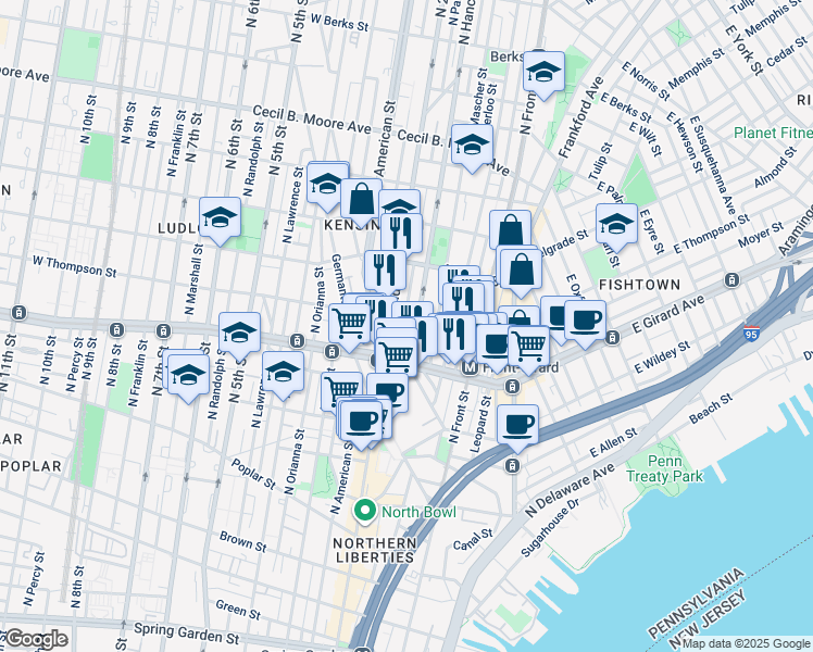 map of restaurants, bars, coffee shops, grocery stores, and more near 1241 North Palethorp Street in Philadelphia