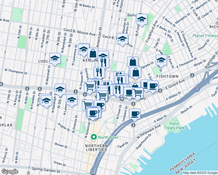 map of restaurants, bars, coffee shops, grocery stores, and more near 1243 North Hancock Street in Philadelphia