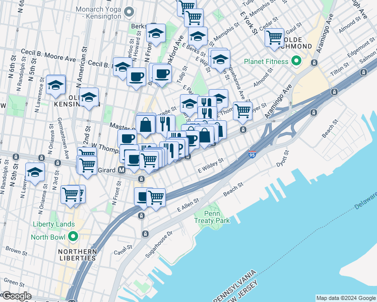 map of restaurants, bars, coffee shops, grocery stores, and more near 401 East Girard Avenue in Philadelphia
