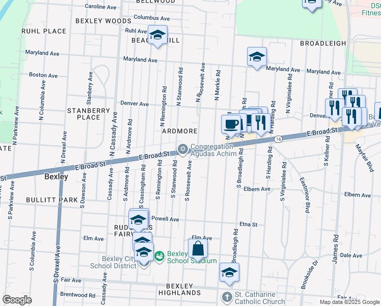 map of restaurants, bars, coffee shops, grocery stores, and more near 6 South Roosevelt Avenue in Bexley