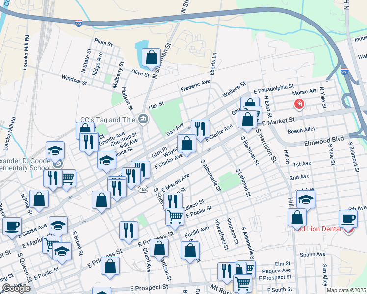 map of restaurants, bars, coffee shops, grocery stores, and more near 932 Wayne Avenue in York
