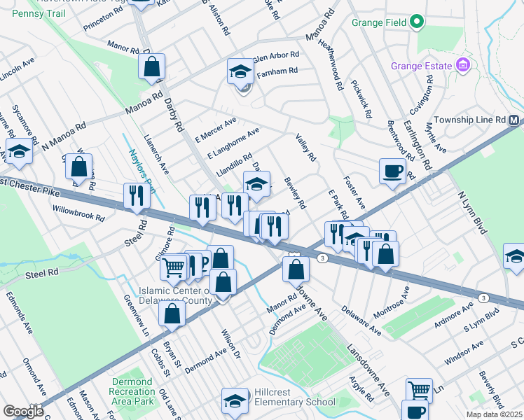 map of restaurants, bars, coffee shops, grocery stores, and more near 211 Lansdowne Road in Havertown