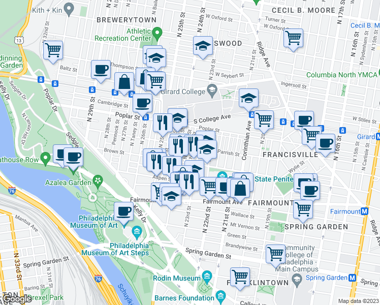 map of restaurants, bars, coffee shops, grocery stores, and more near 822 North Judson Street in Philadelphia