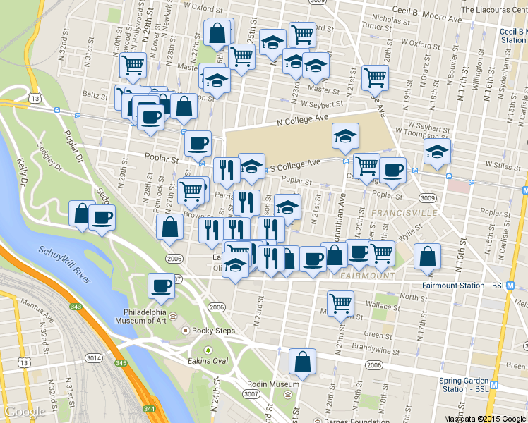 map of restaurants, bars, coffee shops, grocery stores, and more near 822 North Judson Street in Philadelphia