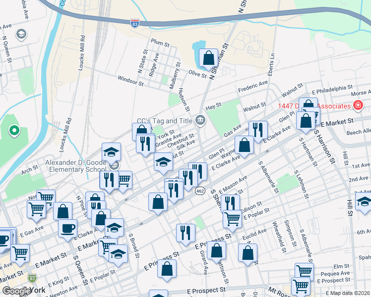 map of restaurants, bars, coffee shops, grocery stores, and more near 737 Wallace Street in York