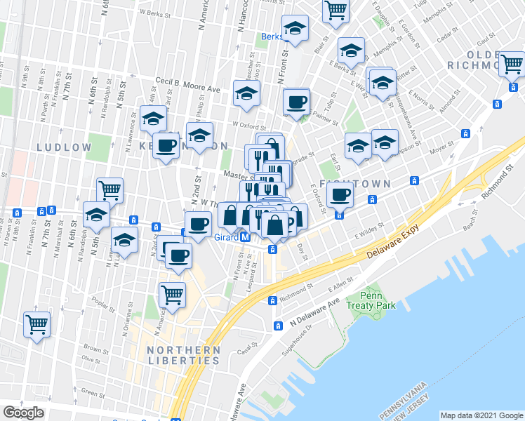 map of restaurants, bars, coffee shops, grocery stores, and more near 1305 North Lee Street in Philadelphia