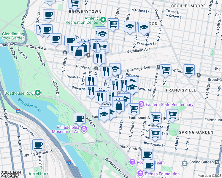 map of restaurants, bars, coffee shops, grocery stores, and more near 822 North Ringgold Street in Philadelphia