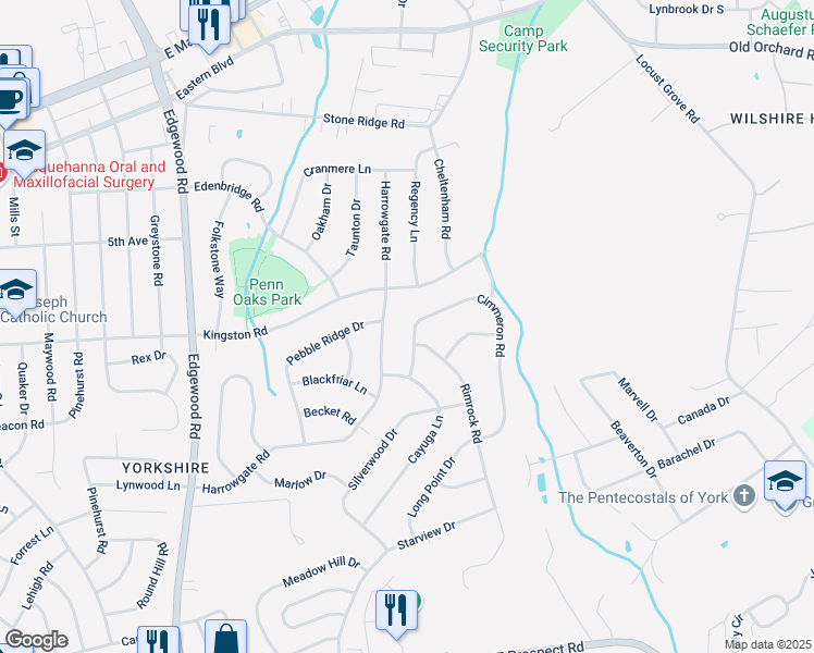 map of restaurants, bars, coffee shops, grocery stores, and more near 3537 Cimmeron Road in York
