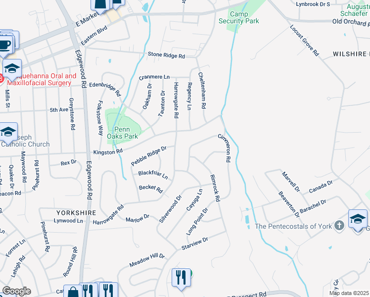 map of restaurants, bars, coffee shops, grocery stores, and more near 3537 Cimmeron Road in York