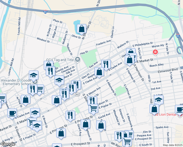 map of restaurants, bars, coffee shops, grocery stores, and more near 59 North Tremont Street in York