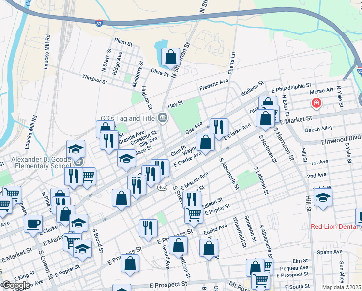 map of restaurants, bars, coffee shops, grocery stores, and more near 848 East Philadelphia Street in York