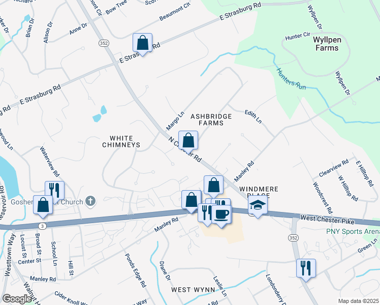 map of restaurants, bars, coffee shops, grocery stores, and more near 1601 Williams Way in West Chester