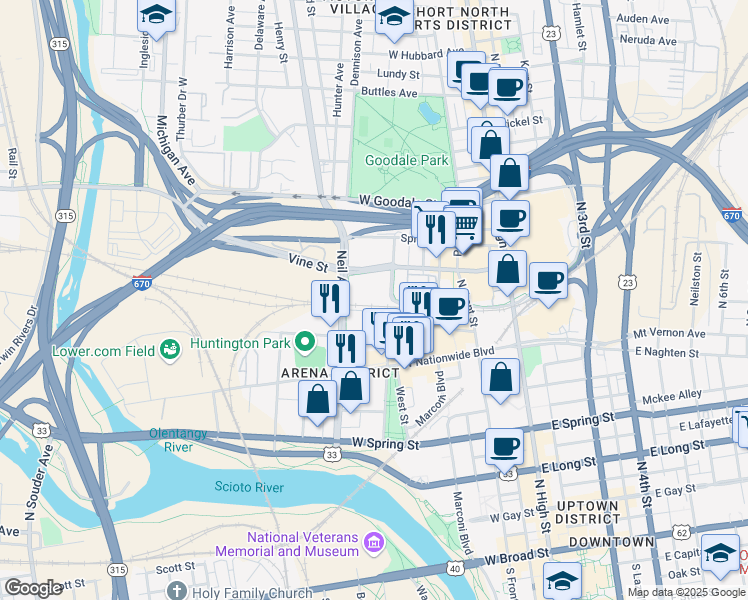 map of restaurants, bars, coffee shops, grocery stores, and more near 195 Vine Street in Columbus