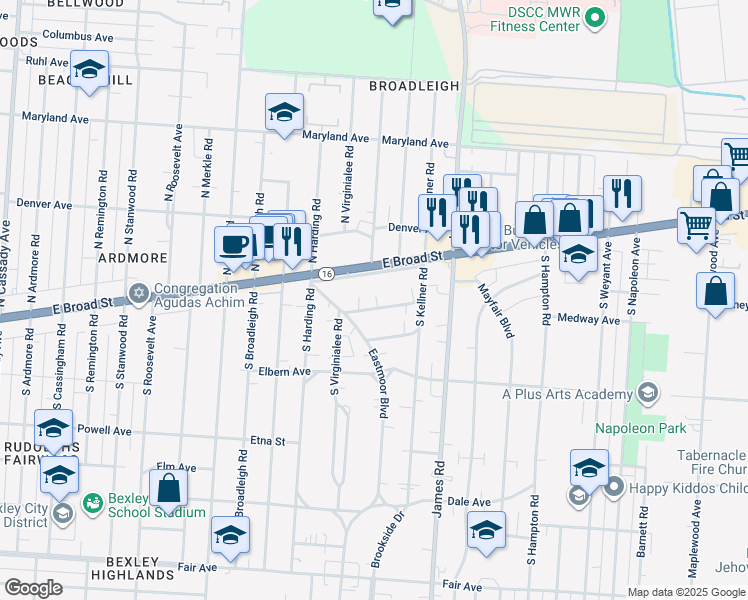 map of restaurants, bars, coffee shops, grocery stores, and more near 3140 Broadmoor Avenue in Columbus