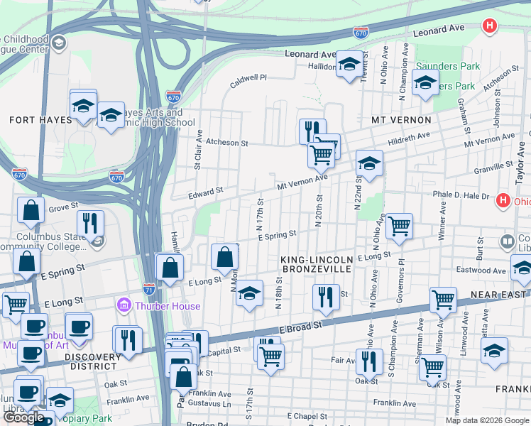 map of restaurants, bars, coffee shops, grocery stores, and more near 260 North 17th Street in Columbus