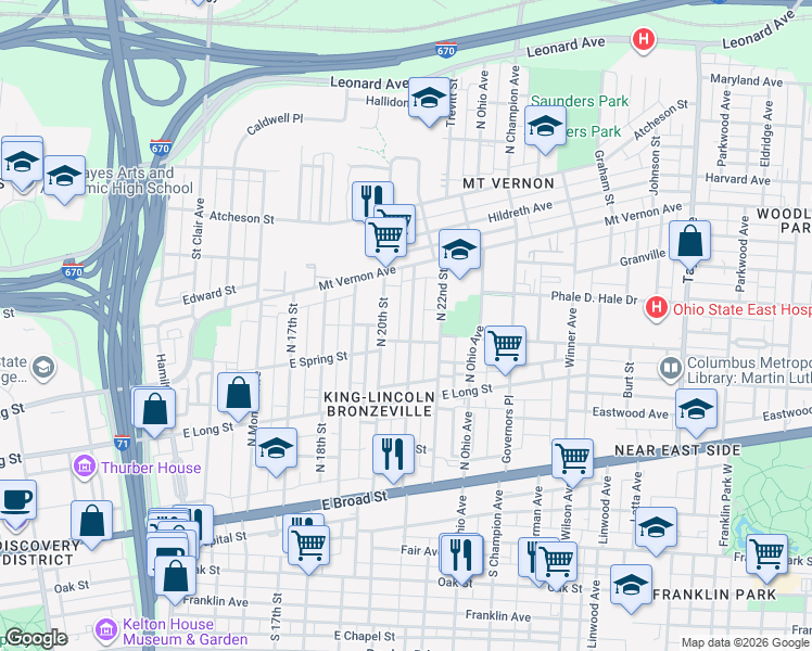 map of restaurants, bars, coffee shops, grocery stores, and more near 231 North 21st Street in Columbus