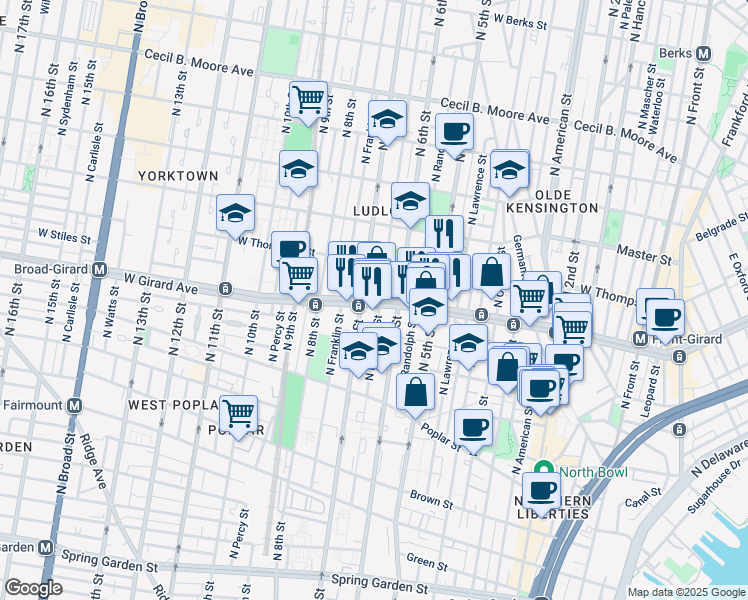 map of restaurants, bars, coffee shops, grocery stores, and more near 625 West Girard Avenue in Philadelphia