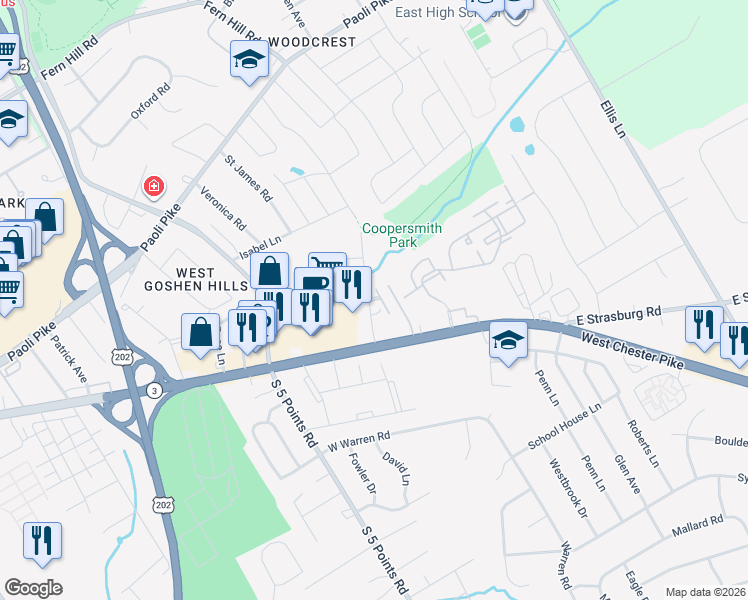 map of restaurants, bars, coffee shops, grocery stores, and more near 103 Spring Lane in West Chester