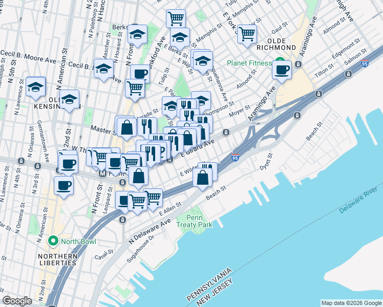 map of restaurants, bars, coffee shops, grocery stores, and more near in Philadelphia
