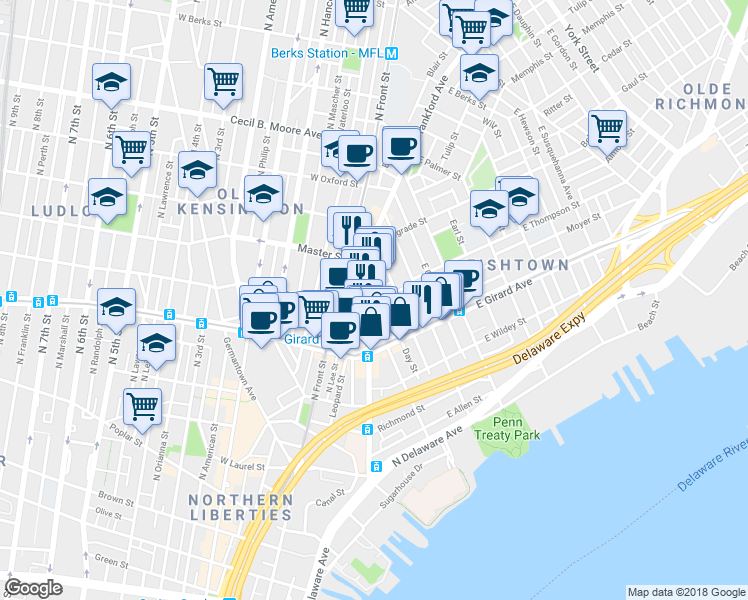 map of restaurants, bars, coffee shops, grocery stores, and more near 1242 Crease Street in Philadelphia