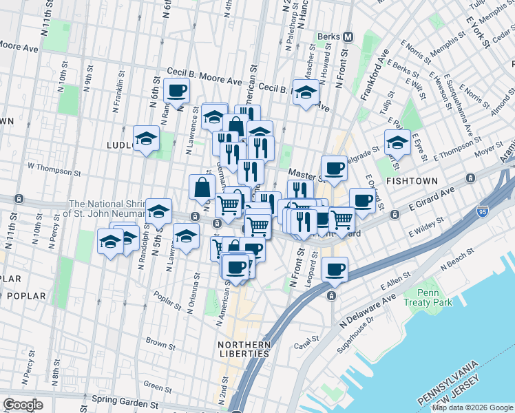 map of restaurants, bars, coffee shops, grocery stores, and more near 1220 North 2nd Street in Philadelphia