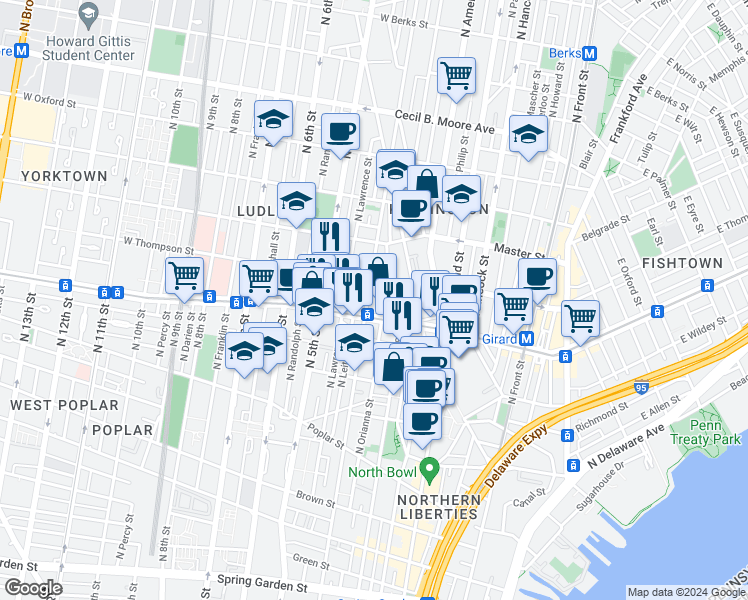 map of restaurants, bars, coffee shops, grocery stores, and more near in Philadelphia