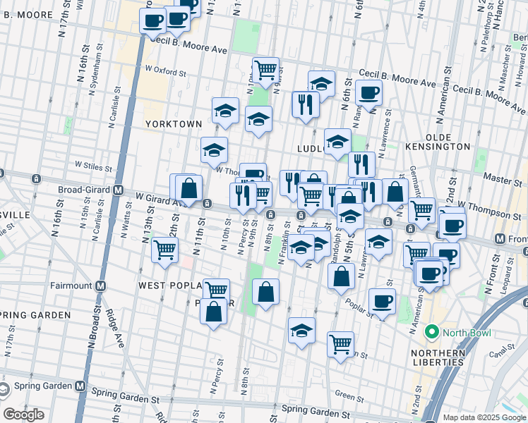 map of restaurants, bars, coffee shops, grocery stores, and more near 818 West Girard Avenue in Philadelphia