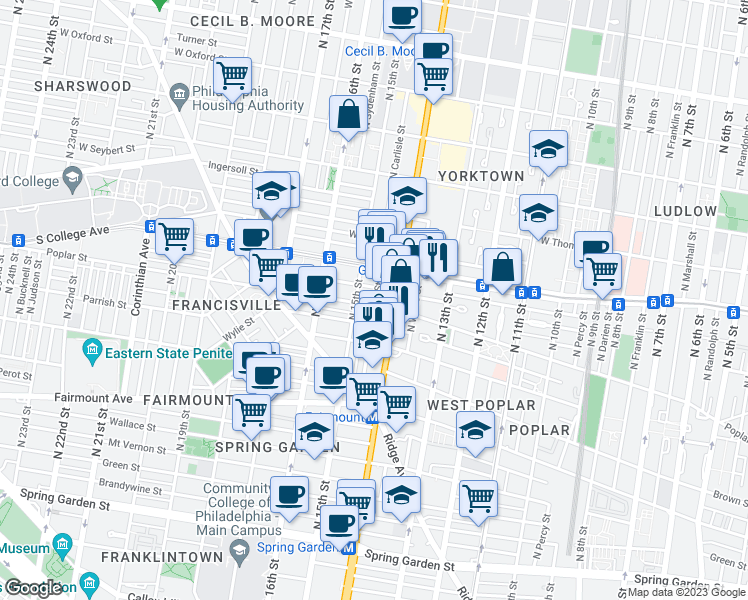 map of restaurants, bars, coffee shops, grocery stores, and more near 1419 Poplar Street in Philadelphia