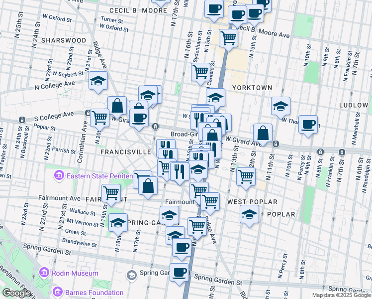 map of restaurants, bars, coffee shops, grocery stores, and more near 1515 Poplar Street in Philadelphia