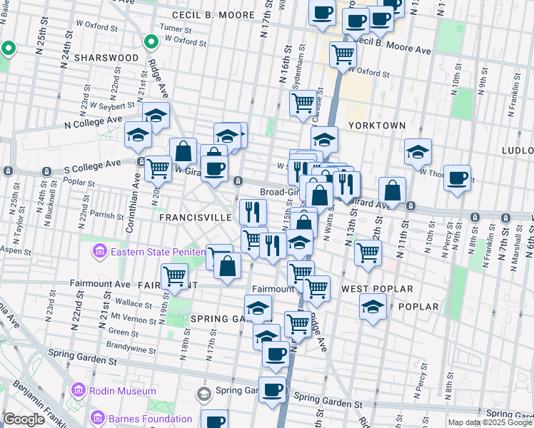 map of restaurants, bars, coffee shops, grocery stores, and more near 1510 Poplar Street in Philadelphia