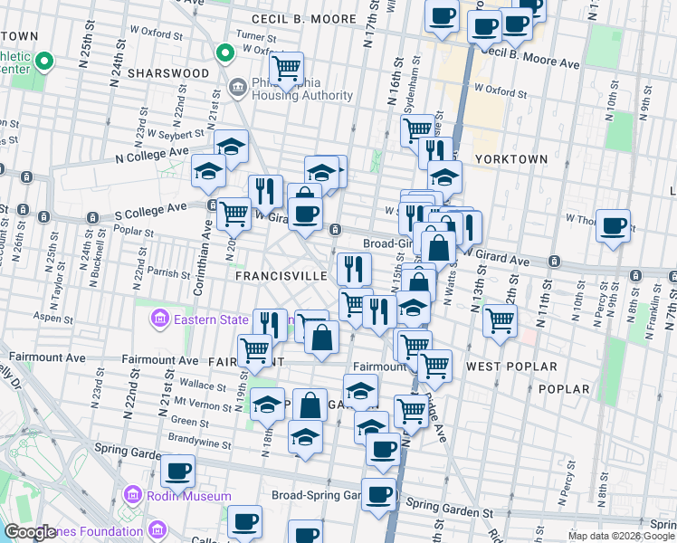 map of restaurants, bars, coffee shops, grocery stores, and more near 1606 Poplar Street in Philadelphia