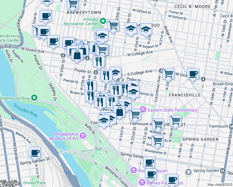 map of restaurants, bars, coffee shops, grocery stores, and more near 2437 Brown Street in Philadelphia