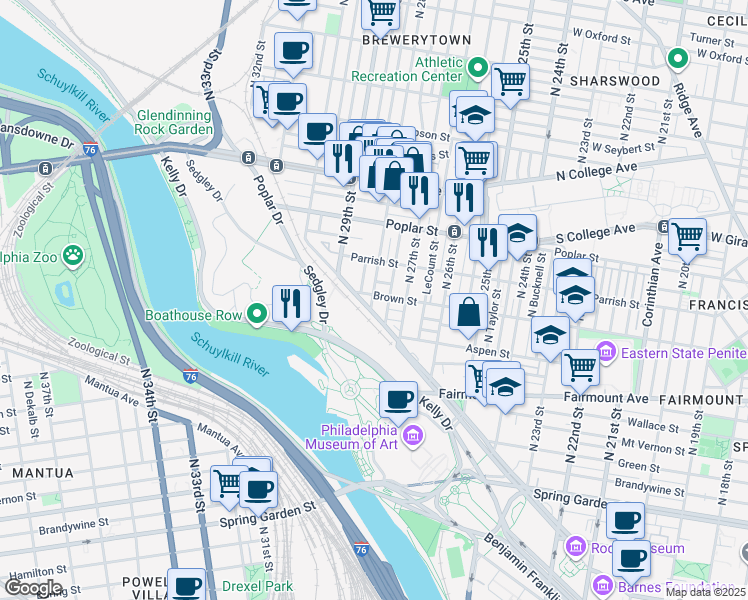 map of restaurants, bars, coffee shops, grocery stores, and more near 2801 Pennsylvania Avenue in Philadelphia