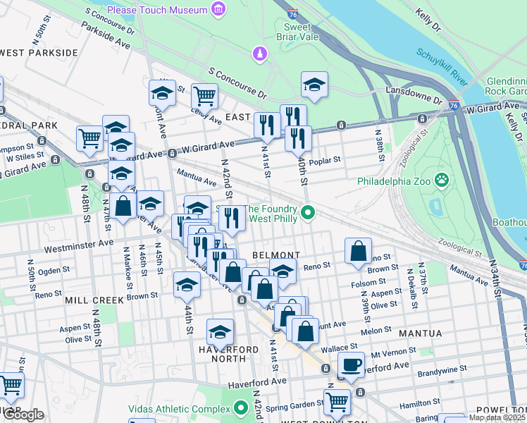 map of restaurants, bars, coffee shops, grocery stores, and more near 4137 Westminster Avenue in Philadelphia