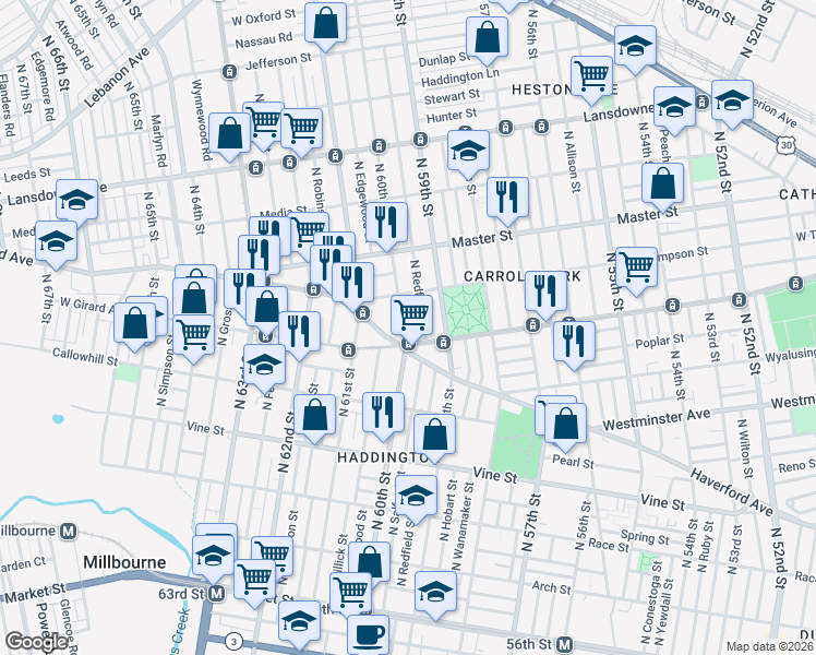 map of restaurants, bars, coffee shops, grocery stores, and more near 1212 North Redfield Street in Philadelphia