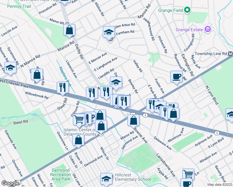 map of restaurants, bars, coffee shops, grocery stores, and more near 211 Lansdowne Road in Havertown
