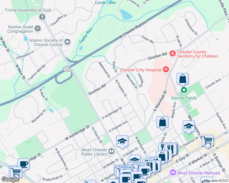 map of restaurants, bars, coffee shops, grocery stores, and more near 700 North Franklin Street in West Chester