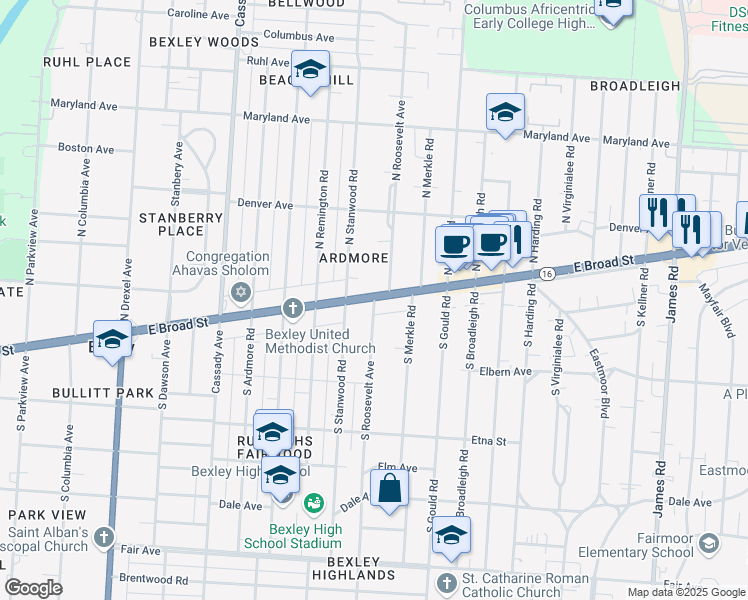 map of restaurants, bars, coffee shops, grocery stores, and more near 2795 East Broad Street in Bexley